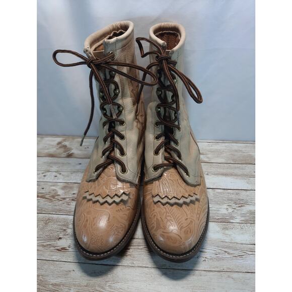 VTG Larry Mahan Tan Tooled Leather Lace Up Western Boots 9 M Kiltie Boots - Picture 6 of 9